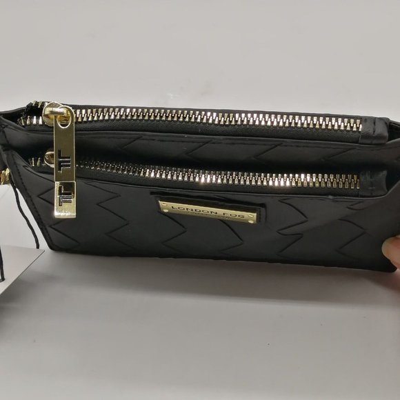 London Fog Womens Wristlet Organizer Wallet Danica Black‎ Woven Double Zip NEW - Picture 4 of 8